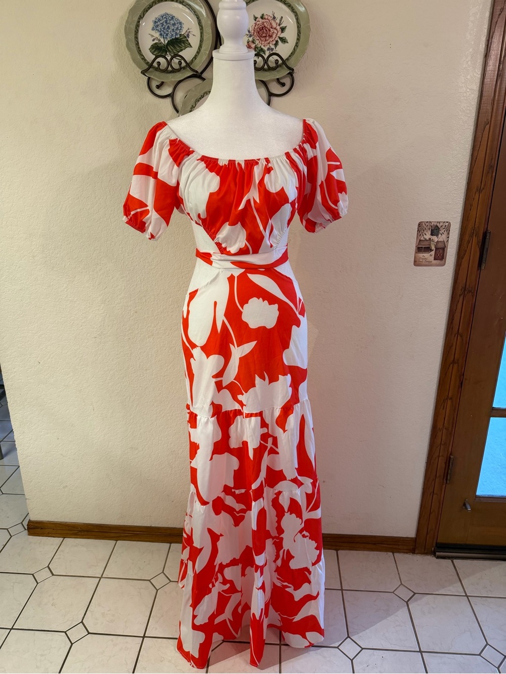 Women's Red & White Floral Off-Shoulder Maxi Dress